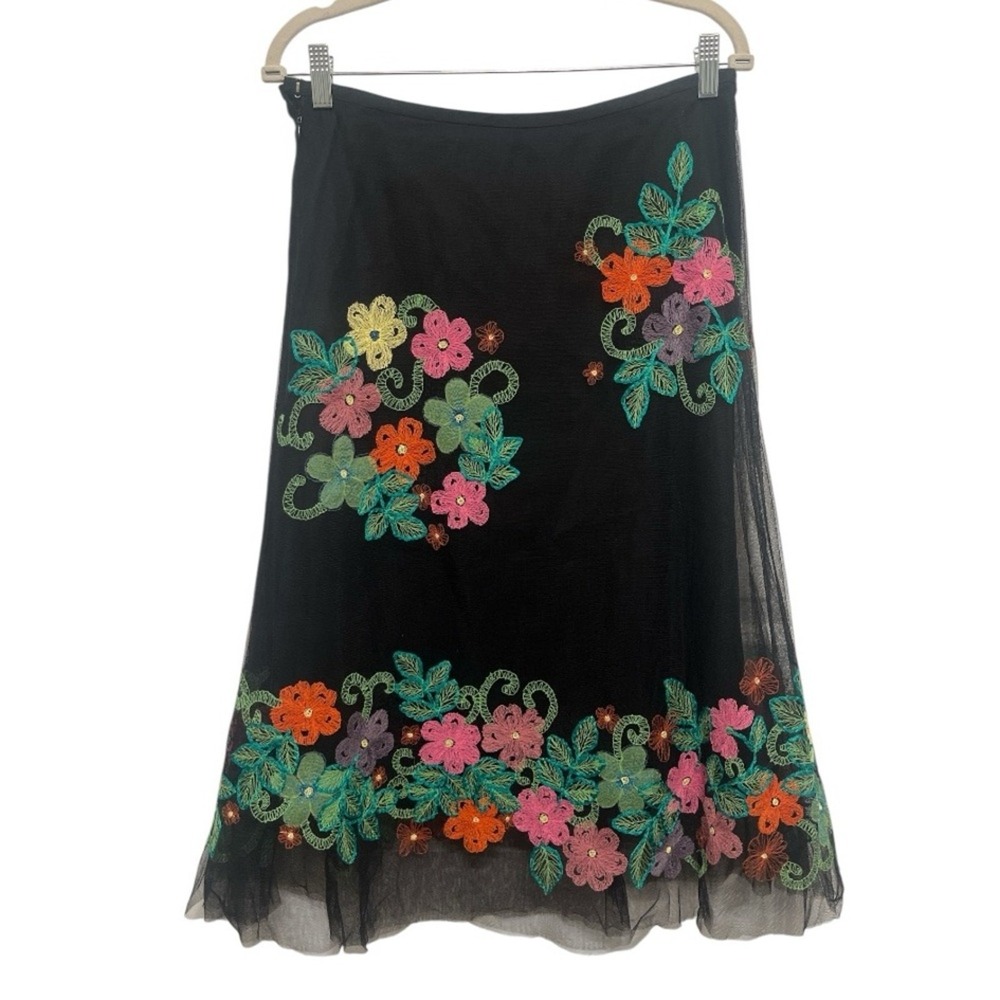 JON embroidered colorful floral black net overlay midi skirt side zip size 8